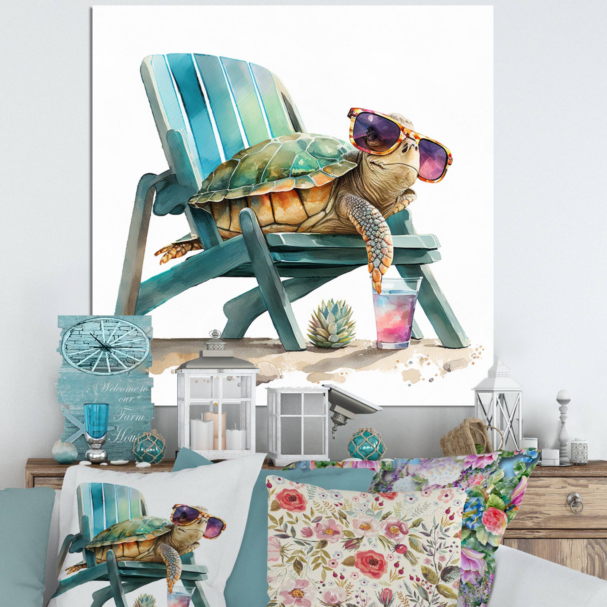 Designart 'Turtle Laying On A Beach Chair With Sunglasses I' Animals Canvas Wall Art